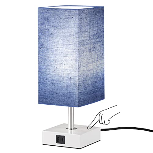 Touch Besides Blue Table Lamp with USB A+C Charging Ports - 3 Way Touch Lamps Beside Desk, Nightstand Lamp for Bedrooms Living Room, LED Bulb Included(Blue Lampshade)