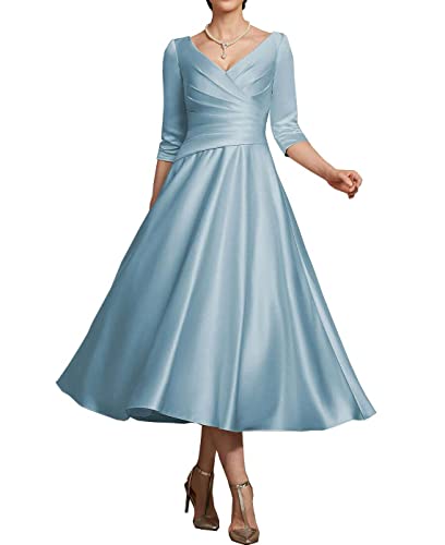 NABN Women's 3/4 Sleeves Prom Dresses Tea Length Mother of The Bride Dress Satin Formal Party Evening Gowns Dusty Blue
