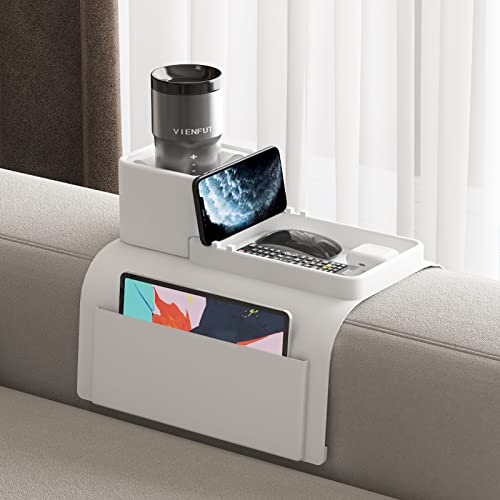 Couch Cup Holder Tray, VIENFUT Silicone Anti-Slip Sofa Armrest Tray with Side Pockets, BPA-Free Anti-Spill Couch Drink Holder for YETI, Remote, Snacks, Cellphone and iPad, Ideal Gift (Griege)