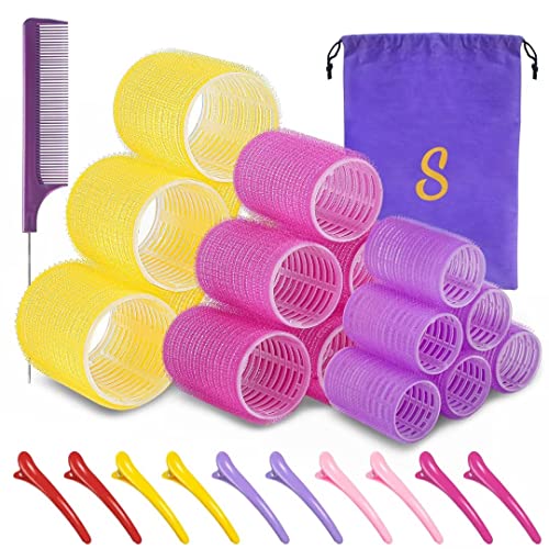 Self grip hair roller set,Hair roller set 18 pcs,Heatless hair curlers,Hair rollers for Long hair,Medium and Short hair,Hair rollers with hair roller clips and comb,Salon hairdressing curlers,DIY Hair Styles, Sungenol 3 Sizes Hair Rollers in 1 set