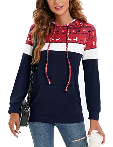 Bluetime Women Pullover Hoodies Lightweight Long Sleeve Color Block Sweatshirts Casual Comfy Fall Tops Tunics (M, Deer Pattern Navy Blue)