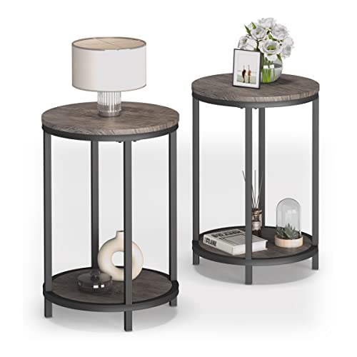 NSdirect Round Side Table Set of 2,16in Rustic Wooden End Table Surface Top & Sturdy Metal Legs Nightstand for Living Room Bedroom Farmhouse Sofa Table with Storage Open Shelf (Light Walnut)
