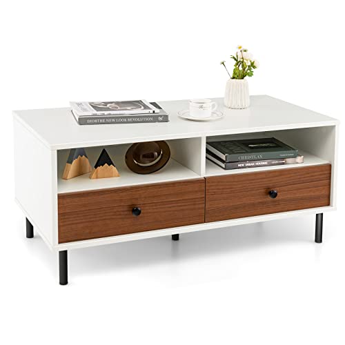 Giantex Rectangular Wood Coffee Table, 2-Tier Modern Center Table with 2 Drawers, 2 Storage Shelves, Easy Assembly, 40"-Length TV Stand for Living Room