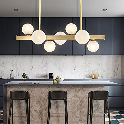 BOKT Modern Gold Hanging Chandelier 7-Lights Frosted Glass Globe Pendant Personalized Molecular Metal Lighting Fixtures for Living Room Kitchen Island Bedroom Dining Room Corridor