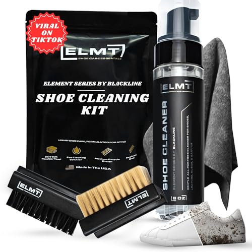 Blackline ELMT Shoe Cleaner Kit — Ideal Sneaker, Canvas, Mesh, Nubuck, Sheepskin, Leather, White, Suede Shoe Cleaner — US-Made, Safe, 10X Potent Shoe Cleaning Kit (8 oz, 2 Brushes, Microfiber Towel)