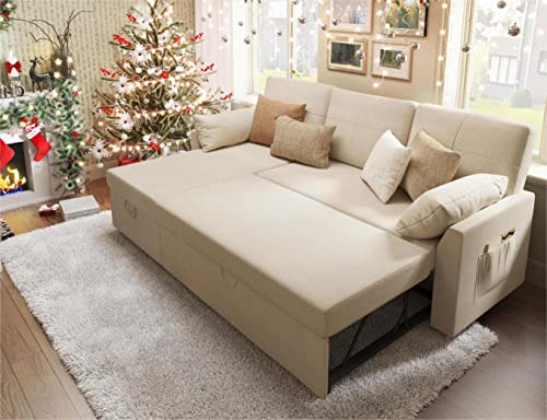 PaPaJet Sleeper Sofa, Sofa Bed with Storage Chaise-2 in 1 Pull Out Couch for Living Room, Sectional Beige 84in x 59in x 39in