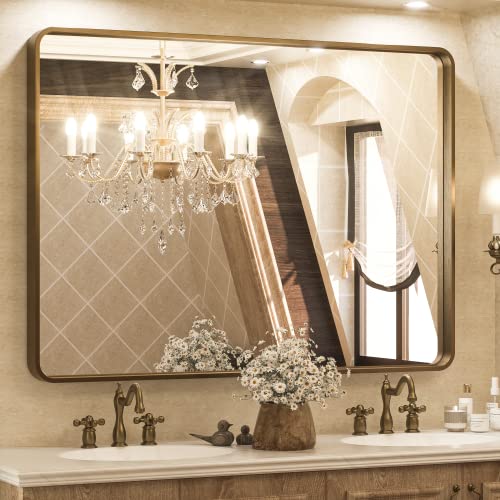 TETOTE 40 x 30 Inch Bronze Framed Mirror, Oil Rubbed Bronze Bathroom Vanity Mirror for Wall, Modern Farmhouse Champagne Bronze Metal Frame Mirror for Living Room (Horizontal/Vertical)