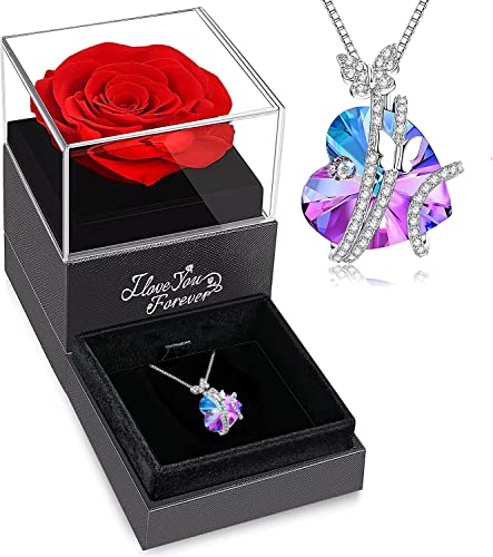 NEWNOVE Preserved Real Red Rose with Butterfly Necklaces, Gifts for Women Mom Wife Girlfriend Grandma, Flower Gifts for Her on Anniversary Birthday
