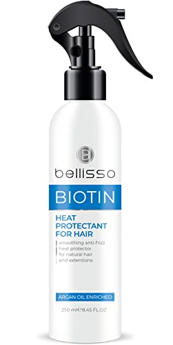 BELLISSO Biotin Heat Protectant Spray for Hair with Moroccan Argan Oil - Leave in Deep Conditioner for Dry Damaged Hair - Protection Styling and Treatment Products for Women