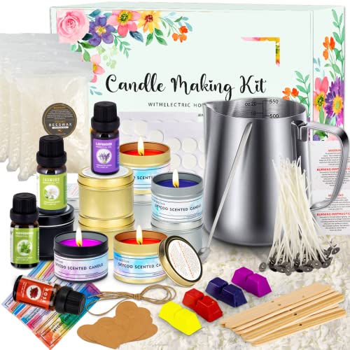skycoo Christmas Gifts 289 Pieces Candle Making Kit, Candle Making Supplies DIY Arts and Crafts Kits for Adults, Beginners, Kids Including 17.6oz Wax, Melting Pot, Dyes, Fragrance Oil, Wicks, Tins