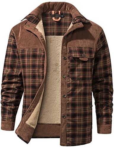 Flygo Men's Outdoor Casual Vintage Long Sleeve Plaid Flannel Button Down Shirt Jacket(RedCoffee-L)