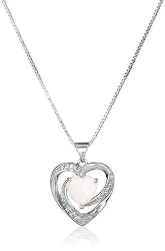 Amazon Collection Sterling Silver Created Opal and White Sapphire Open Heart Pendant Necklace, 18"
