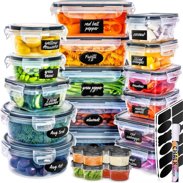 50 Pcs Food Storage Containers Lids Airtight Plastic Meal Prep Container Pantry Kitchen Organization BPA Free Leak Proof Labels Marker Pen