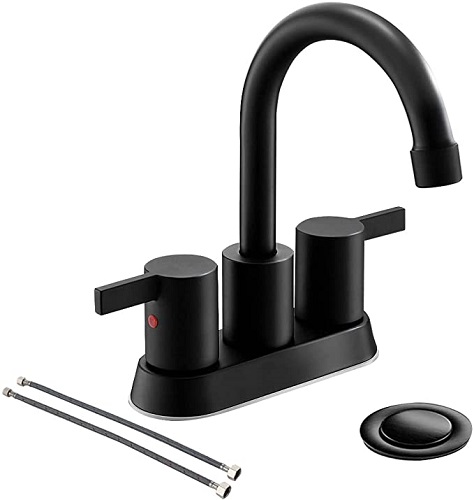 4 Inch 2 Handle Centerset Matte Black Lead-Free Bathroom Faucet, with Copper Pop Up Drain and 2 Water Supply Lines, BF015-1-MB