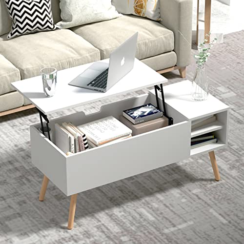 Clikuutory Modern White Lift Top Coffee Table with Hidden Compartment and Adjustable Storage Shelf, Mid Century Rustic Dining Table with Wood Legs for Home, Living Room, Office