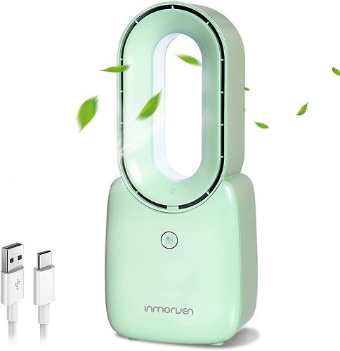 CONBOLA Desk Fan, 11.8 Inch Bladeless Fan Small Table Fan Air Cooler, Portable Rechargeable Breeze Quiet Fan with Touch Control 5-Colors Decorative LED Light for Office Bedroom(Green)