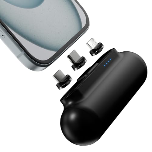 Statik Snap-N-Charge Mini Portable Charger for iPhone, Magnetic Power Bank, 3,000mAH 10W Battery Pack, 3-in 1 Magnet Tips USB C, Micro USB and iProduct, Sleek Black Compact Powerbank