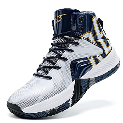 ASHION Little Big Youth Kids Basketball Shoes Boys High-Top Sneakers Girls Outdoor Sports Shoes White Blue,2.5 Little Kid