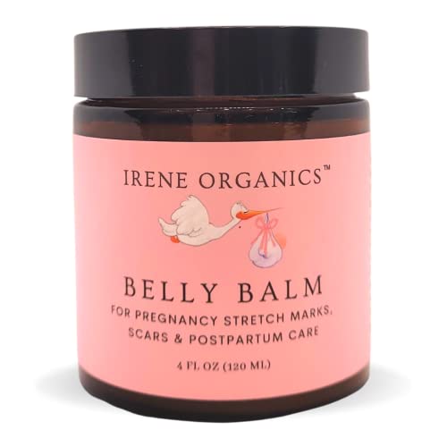 Organic Belly Balm by Irene Organics, Natural Stretch Mark Treatment & Prevention for Pregnancy & Postpartum, Treat C-section Scars and Relieve Itchy Dry Skin (4 oz)