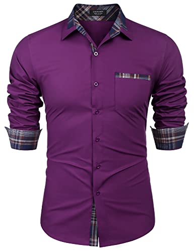 COOFANDY Men's Casual Cotton Long Sleeve Dress Shirt Plaid Collar Slim Fit Button Down Shirt (Large, Purple.)