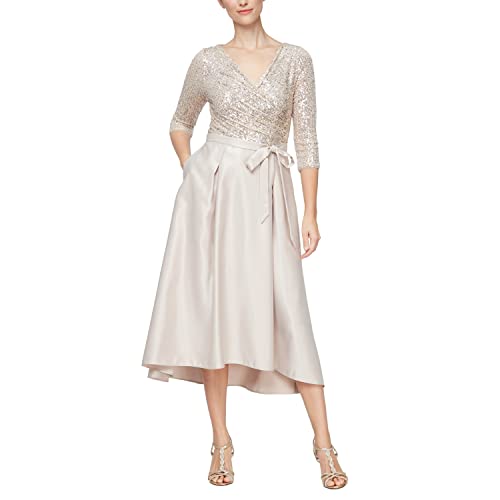 Alex Evenings Women's Satin Ballgown Dress with Pockets (Petite and Regular Sizes), Taupe Hi Low, 4