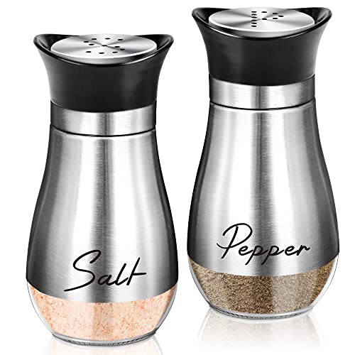 Salt and Pepper Shakers Set,4 oz Glass Bottom Salt Pepper Shaker with Stainless Steel Lid for Kitchen Gadgets Cooking Table, RV, Camp,BBQ Refillable Design (Sliver)
