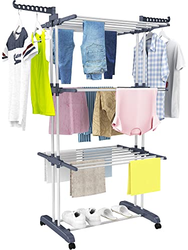 HOMIDEC Clothes Drying Rack, Oversized 4-Tier(67.7" High) Foldable Stainless Steel Movable Drying Rack with 4 castors, 24 Drying Poles & 14 Hooks for Bed Linen, Clothing, Grey