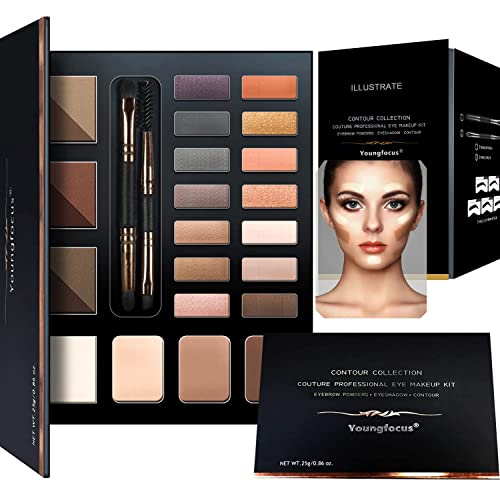 Youngfocus Eye Makeup Contour Kit Palette Set, 6 Waterproof Eyebrow Powders, 5 Eyebrow Stencils, 14 High Coloration Eyeshadow, 3 Contour Powders, 2 Spoolie/Brush Duo, Eye Brow Wax - Best Gift