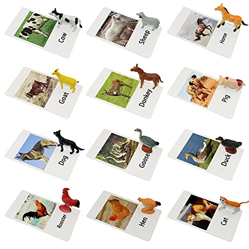Farm Animal Toys with Flash Cards - 12 Sets of Realistic Animal Figures - Educational Learn Cognitive Toys & Animal Matching Game Playset for Toddlers Kids
