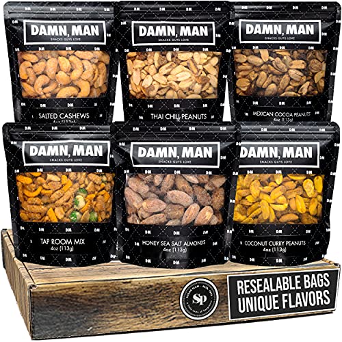 Nuts Gift Basket for Men – Six Incredibly Unique Flavors With Almonds, Cashews, Peanuts - Great Fathers Day Gift, Birthday Gift, or Healthy Snack