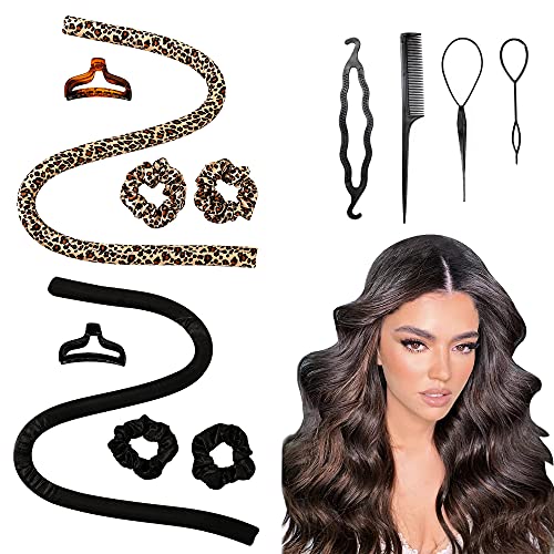 IVYU Tiktok Heatless Curling Rod Headband for Women Long Hair No Heat Hair Rollers Curlers Curls Flexi Rods Large Big Soft Foam Curling Ribbon Sleep Overnight for Gril's Hair Style Black Leorpard