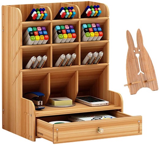 Marbrasse Wooden Pen Organizer, Multi-Functional DIY Pen Holder Box, Desktop Stationary, Easy Assembly, Home Office Art Supplies Organizer Storage with Drawer (B11-Cherry Color)