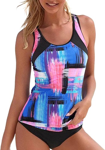 Aleumdr Womens Striped Print Color Block Tankini Sets Racerback Two Piece Tankini Swimwear Bathing Suits Pink Large 12 14
