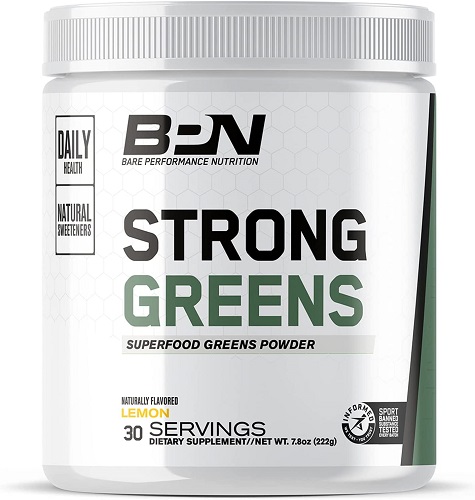 Bare Performance Nutrition, Strong Greens Superfood Powder, Antioxidants, Non-GMO, Gluten Free and No Artificial Sweeteners, Wheat Grass, Coconut Water, Turmeric and Monk Fruit (30 Servings, Lemon)