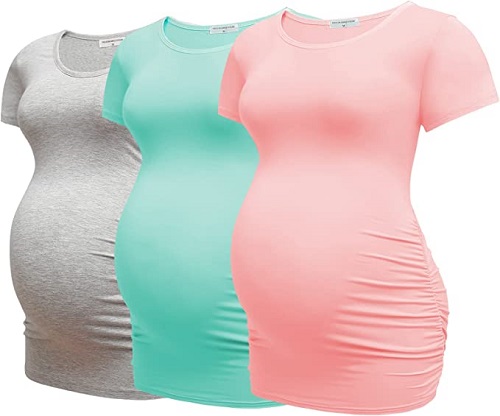 Bearsland Womens Maternity Tshirt 3 Packs Classic Side Ruched Tee Top Mama Pregnancy Clothes,Pink+mintgreen+LtGray,s