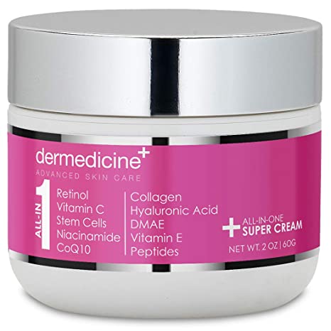 All In One Super Anti-Aging Cream for Face with Retinol, Vitamin C, Stem Cells, Vitamin E, CoQ10, Collagen, Hyaluronic Acid, DMAE, Peptides, Niacinamide for More Youthful Looking Skin 2 oz / 60 g