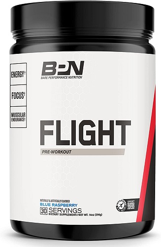 Bare Performance Nutrition, Flight Pre Workout, Energy, Focus & Endurance, Formulated with Caffeine Anhydrous, DiCaffeine Malate, N-Acetyl Tyrosine (30 Servings, Blue Raspberry)