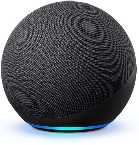 Amazon Echo (4th Gen) charcoal smart speaker with glowing blue volume control ring.