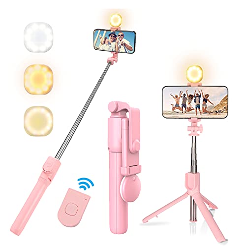 MQOUNY Selfie Stick Tripod with Fill Light, 3 Modes Levels Phone Tripod Stand with Wireless Remote Control Compatible with iPhone12pro max/12/11pro/11/XR, Android/iPhone (Pink)