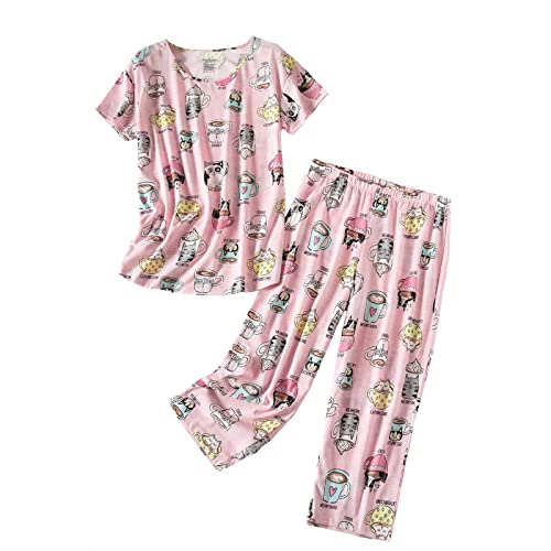 PNAEONG Women’s Pajama Set - Sleepwear Tops with Capri Pants Casual and Fun Prints Pajama Sets SY215-Cup Cats-XL