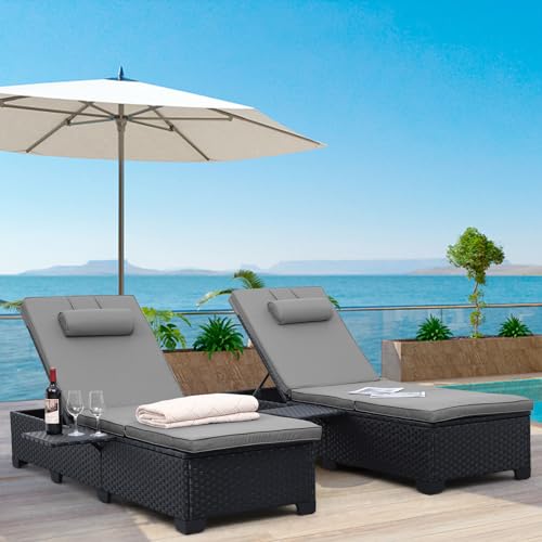 WAROOM Outdoor Chaise Lounge Chairs for Outside Patio Furniture Set of 2 Wicker Recliner Black Rattan Reclining Pool Sunbathing Chair Adjustable Backrest Lounger with Grey Cushion