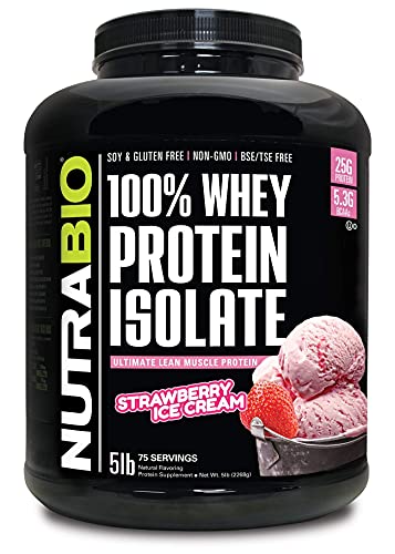 NutraBio 100% Whey Protein Isolate - Complete Amino Acid Profile - 25G of Protein Per Scoop - Soy and Gluten Free - Zero Fillers, Non-GMO, Protein Powder - Strawberry, 5 Pounds