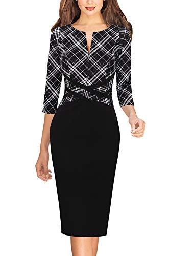 VFSHOW Womens Black and White Check Colorblock Patchwork Slim Zipper Up Work Business Office Party Bodycon Pencil Sheath Dress 6500 BLK XS