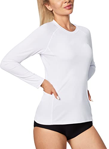 IUGA Long Sleeve Shirts for Women UPF 50+ Rash Guard Athletic Workout Tops with Pockets for Dry Fit Hiking Running Swim Shirt White