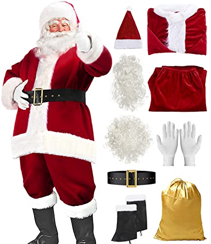 Santa Suit Christmas Santa Claus Costume for Men Women Adult Costume Santa 10pc. Outfit (Maroon, XX-Large/XXX-Large)