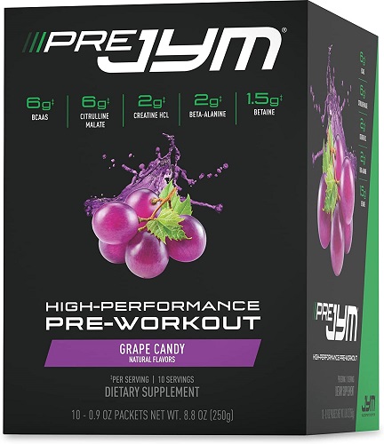 Pre JYM Grape Candy Pre Workout Powder Grab & Go Packets - BCAAs, Nootropics, Creatine HCI, Citrulline, Beta-Alanine, Betaine, Taurine, Huperzine | JYM Supplement Science | 10 Servings, (PRE10GC)