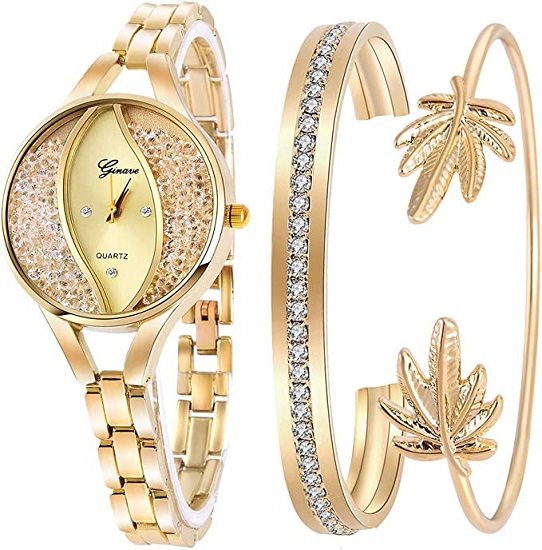 Weicam Women's Diamond Wristwatch Bangle Bracelet Jewelry Set Analog Quartz Wrist Watch for Ladies (Gold)