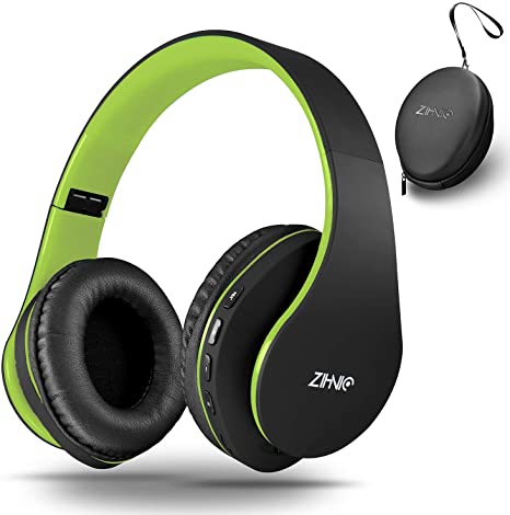 Bluetooth Headphones Over-Ear, Zihnic Foldable Wireless and Wired Stereo Headset Micro SD/TF, FM for Cell Phone,PC,Soft Earmuffs &Light Weight for Prolonged Wearing(Black/Green)