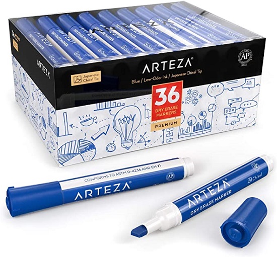 Arteza Dry Erase Markers, Bulk Pack of 36, Chisel Tip, Blue Color with Low-Odor Ink, Whiteboard Pens, Office Supplies for School, Office, or Home