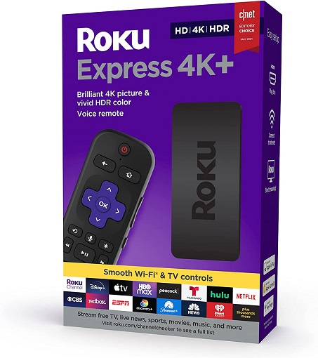 Roku Express 4K+ 2021 | Streaming Media Player HD/4K/HDR with Smooth Wireless Streaming and Roku Voice Remote with TV Controls, Includes Premium HDMI® Cable